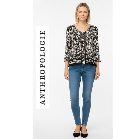 ANTHROPOLOGIE - Maeve Boho black floral blouse with cutout detailing - Picture 1 of 10